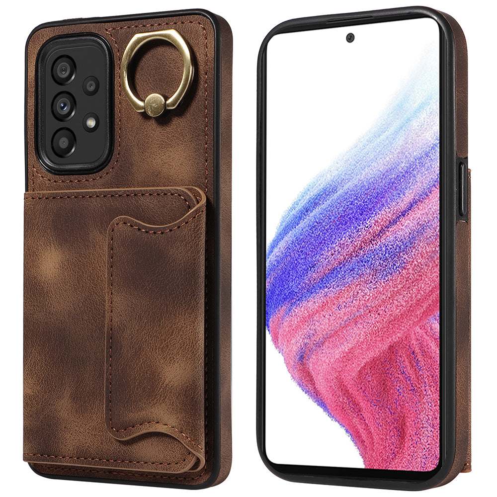 001 For Samsung Galaxy A53 5G Card Holder Anti-fall Phone Case Finger Ring Kickstand PU Leather TPU Cover 001 For Samsung Galaxy A53 5G Card Holder Anti-fall Phone Case Finger Ring Kickstand PU Leather TPU Cover
